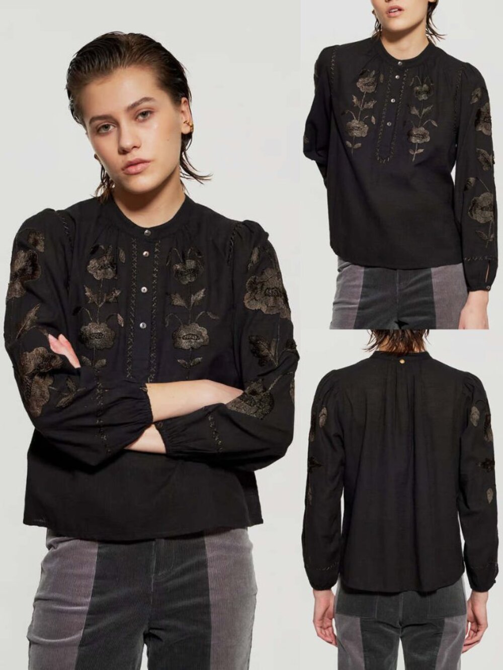 ANTIK BATIK Isla Embroidery Blouse Top Black L 100% Cotton $315 Paris Designer